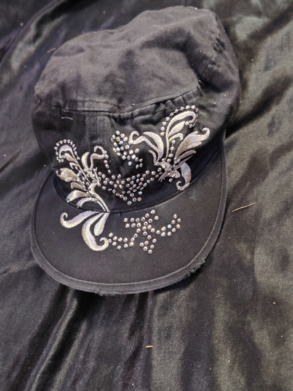 Scala Black Embellished Military-Style Cap with Silver Accents